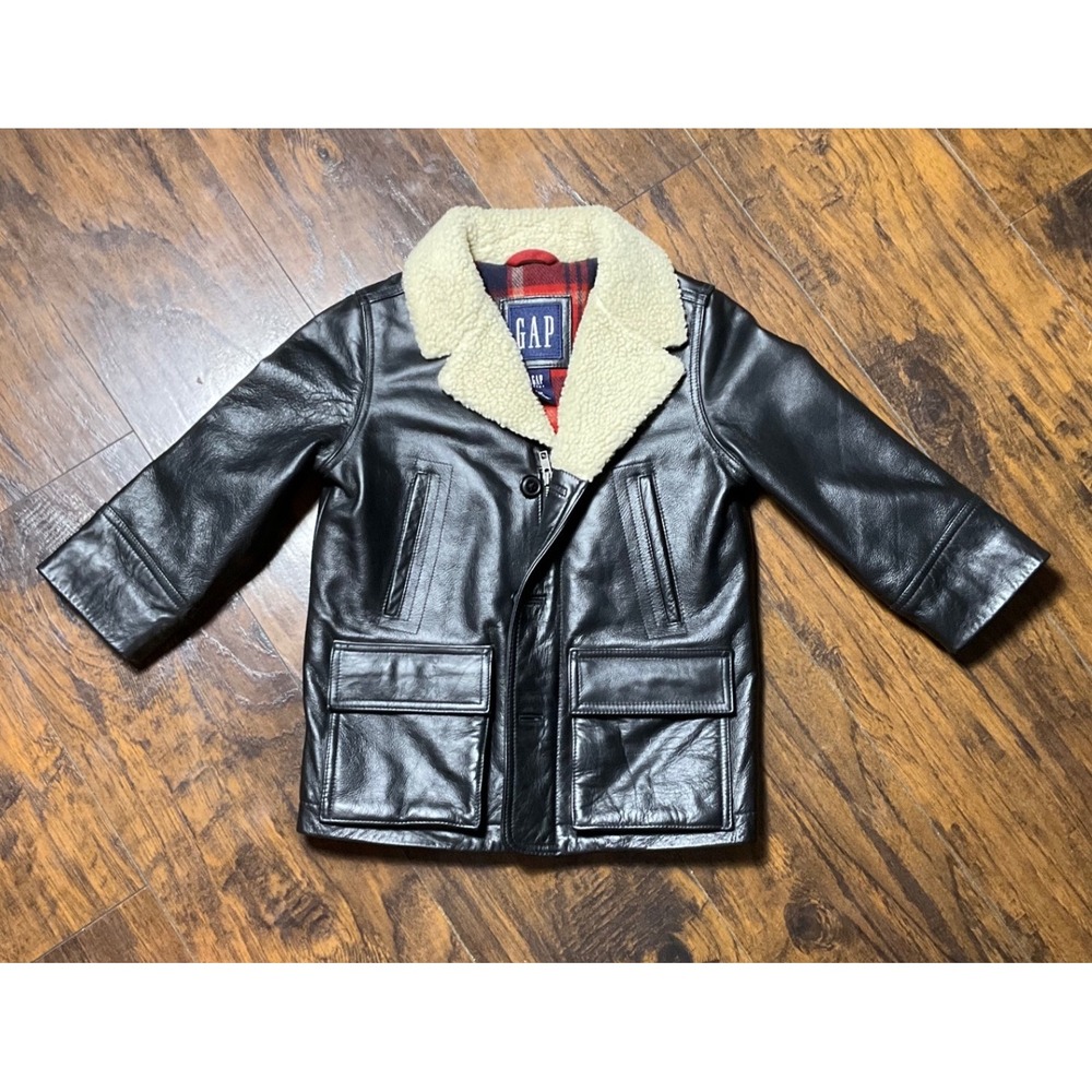 Gap Kids Black Cow Leather Jacket Wool Plaid Lining Vintage 2008 XS 4